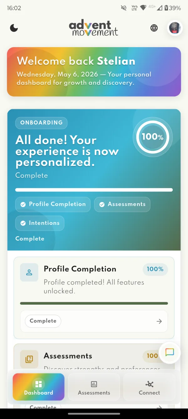 Advent Movement app dashboard showing personal growth, assessments, and community navigation